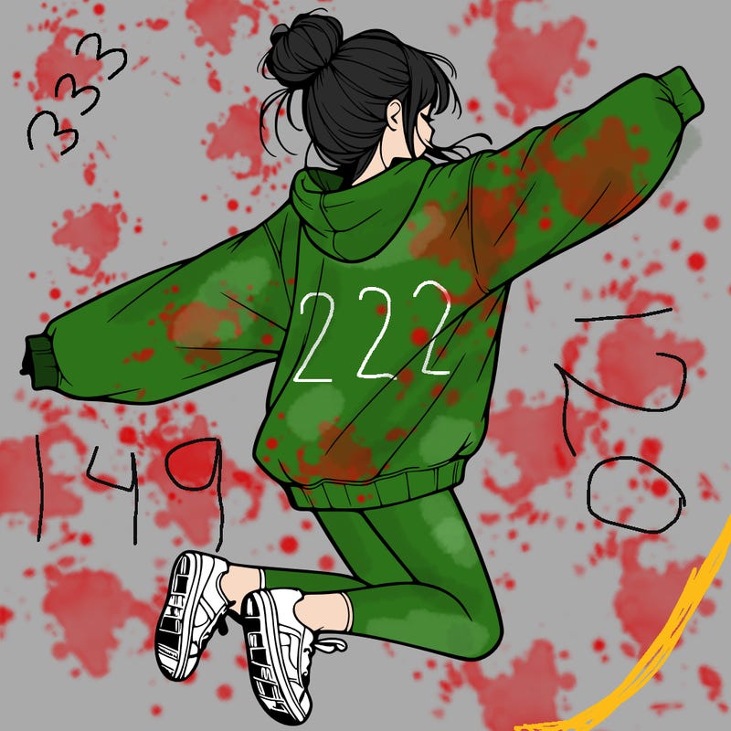 realistic girl jumping with a bun and oversized sweatshirt