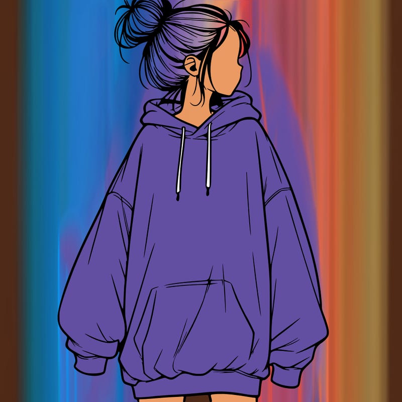 realistic girl with a oversized sweatshirt on and a bun