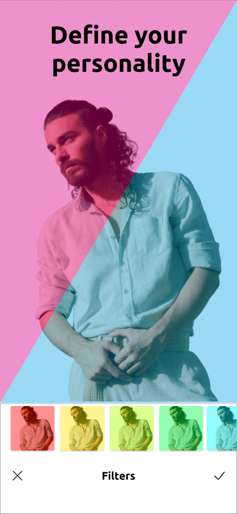 Macho Man-Edit Body Muscle Pro - Macho Man app photo filter selection screen with the text Define your personality