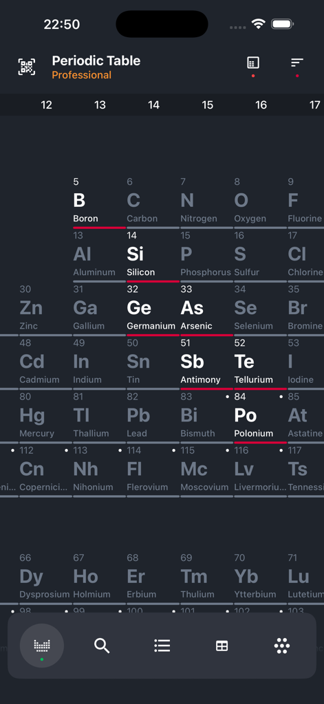 Professional dark mode periodic table interface showing chemical element tiles