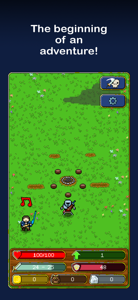 Tap Knight - Idle Adventure - Un caballero de arte pixelado retro comenzando una aventura en un campo verde con elementos de interfaz del juego.