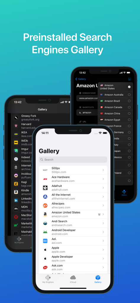 xSearch for Safari - Gallery of preinstalled search engines in the xSearch for Safari app