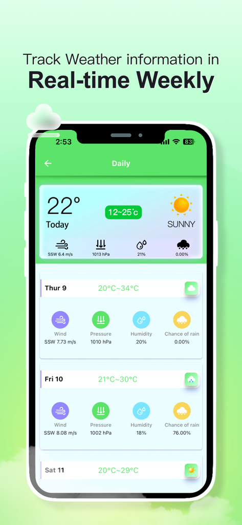 Local Weather warning & Radar - Panel de pronóstico meteorológico semanal en tiempo real que muestra la temperatura diaria y detalles de humedad.