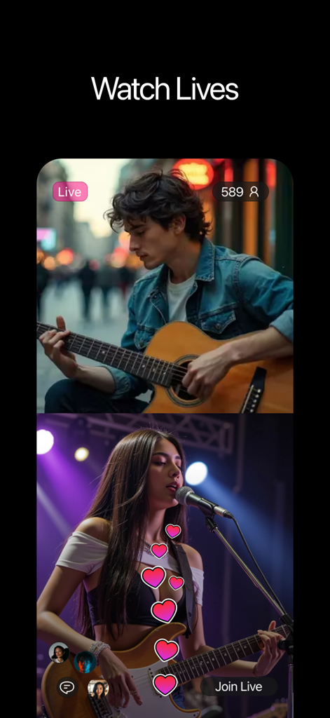 Two creators performing live music on the Waveful app with engagement hearts and viewer counts.