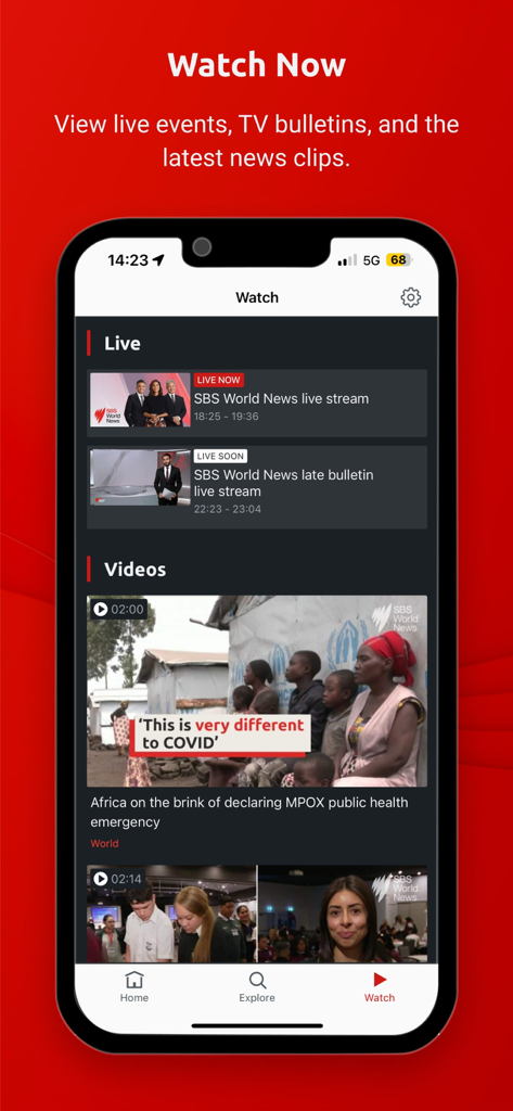 SBS News - SBS News app Watch screen featuring live streams and video news clips in dark mode