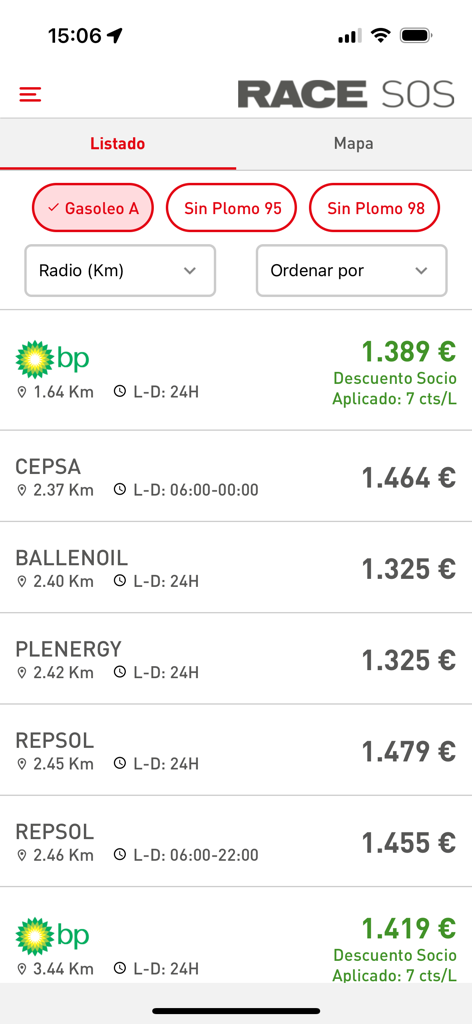RACE SOS Asistencia - Écran de l'application RACE SOS montrant une liste de stations-service à proximité avec les prix du carburant et les distances