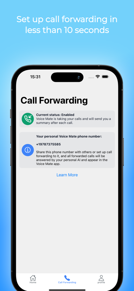 Voice Mate - AI Voicemail - Voice Mate app screen showing the call forwarding setup with status enabled and a personal AI phone number.