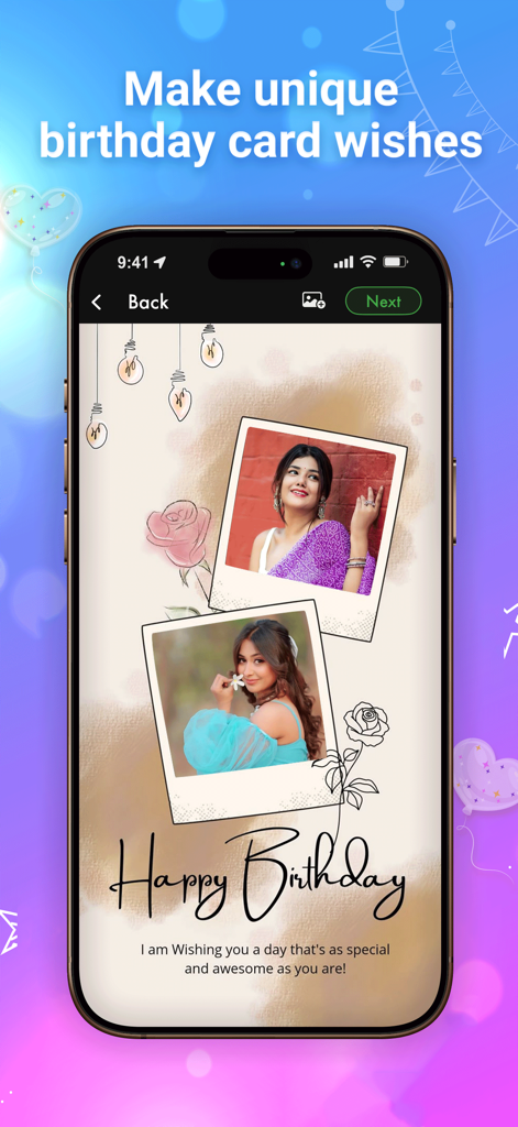 Birthday Video - A smartphone displaying a customizable birthday card template with two photos and a sentimental greeting message.