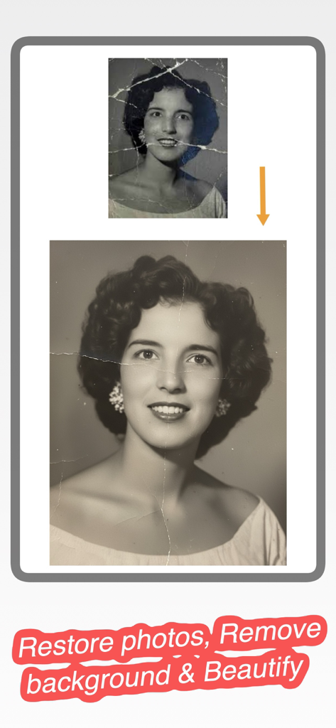 Before and after comparison of a damaged vintage portrait restored with AI