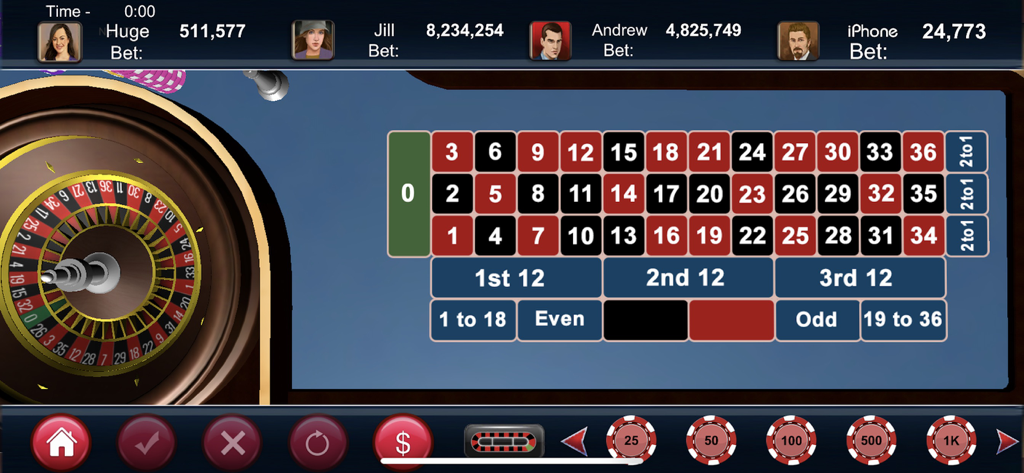 Roulette 3D Casino Style - Une roue de roulette 3D et un tapis de mise avec le statut multijoueur affiché en haut.