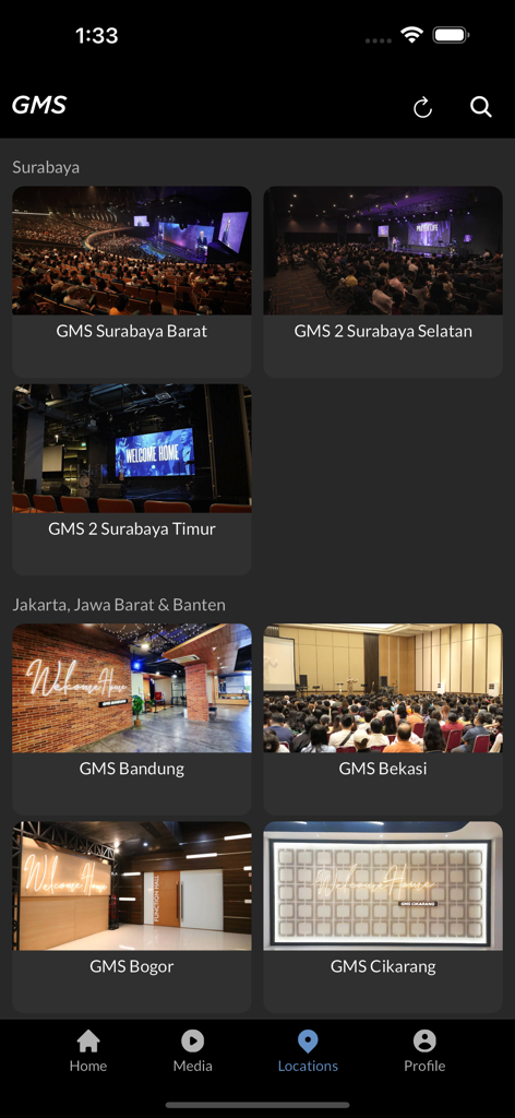 GMS Church - A list of GMS Church locations in Surabaya and Jakarta displayed on a mobile app screen with venue photos.
