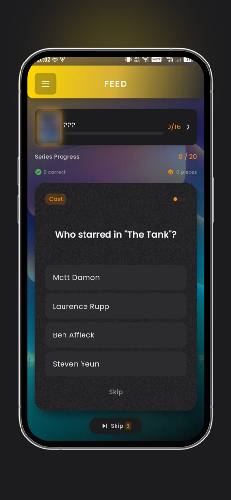 Flickory - Flickory mobile app screen showing a movie trivia challenge question about the cast of the film The Tank with multiple choice options.