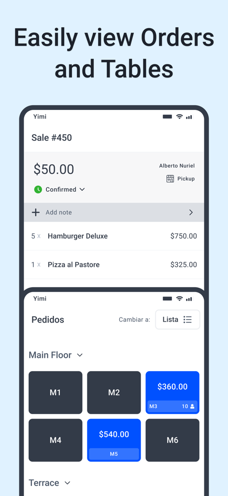 Yimi POS – Sales & Inventory - Yimi POS app screen showing restaurant order details and a floor plan with table status