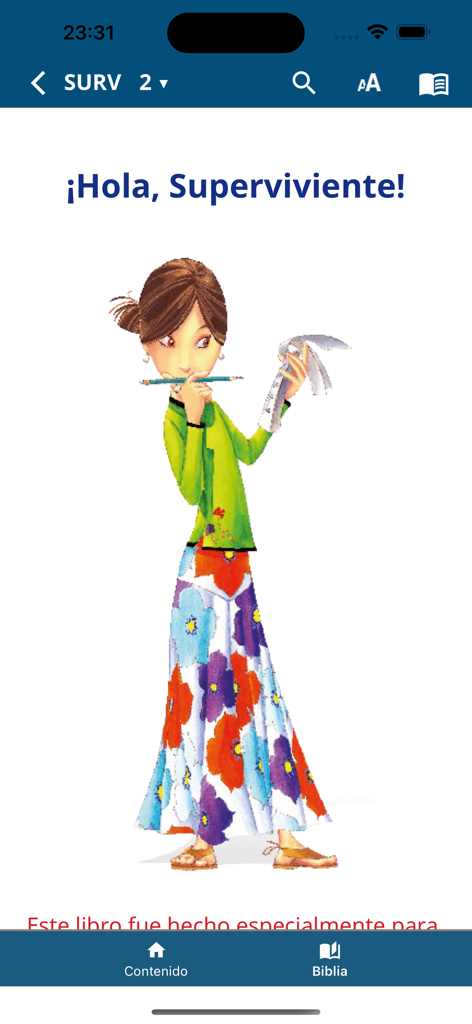 NVI Biblia de Estudio - Pantalla de bienvenida de la aplicación NVI Biblia de Estudio con una colorida ilustración de una mujer y el texto Hola Superviviente.