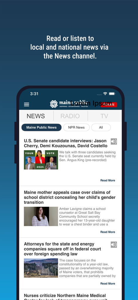 The Maine Public Broadcasting App news interface showing local and national headlines with tabs for radio and TV content