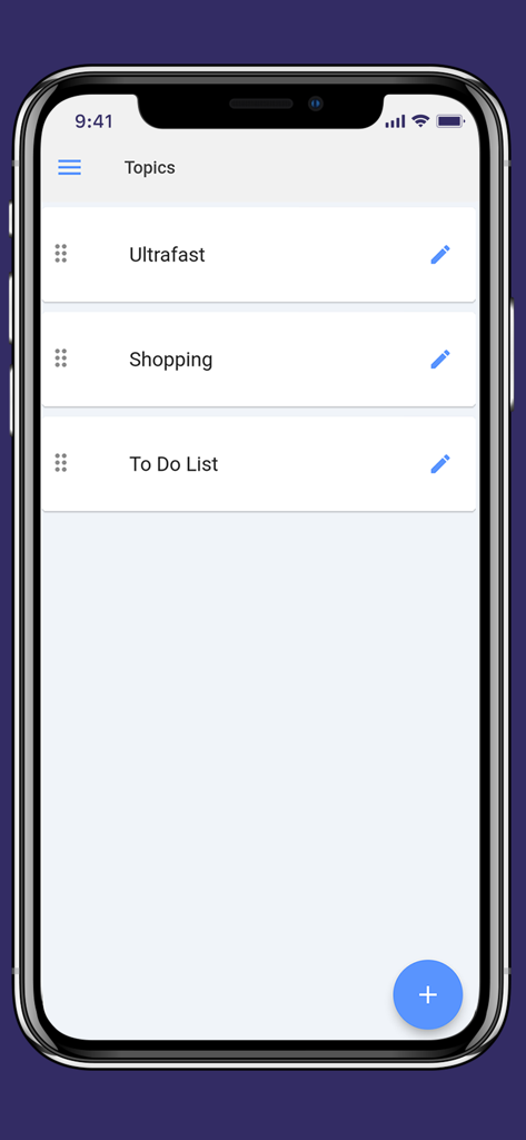What To Do App - Interfaz de la aplicación What To Do que muestra una lista minimalista de temas que incluyen Ultrarrápido, Compras y Lista de tareas pendientes