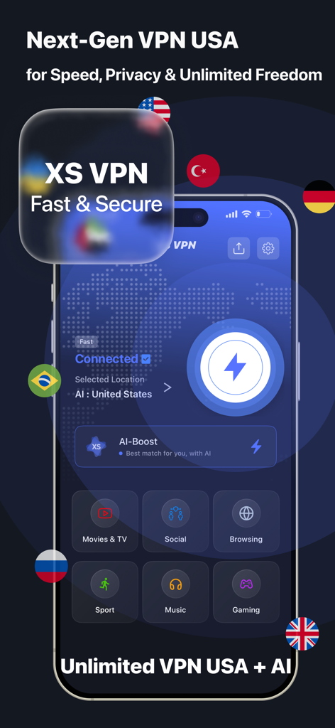 XS VPN: Fast & Secure Proxy - Interface of XS VPN app on an iPhone showing a secure AI-powered connection to the United States and category modes for streaming and gaming