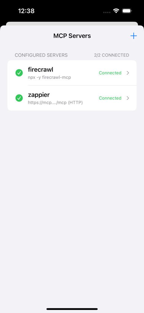 CodeAgents Mobile - A list of connected MCP servers including Firecrawl and Zapier within the CodeAgents Mobile app interface