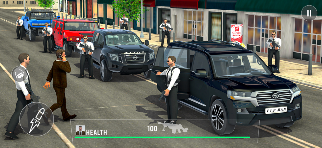 Vip Security Simulator Game - Armed bodyguards escorting a VIP billionaire near a convoy of luxury SUVs in a city street.