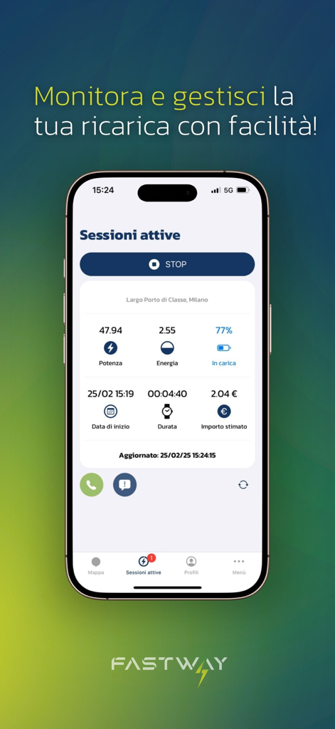 Interfaccia dell'app mobile FastWay che mostra una sessione di ricarica attiva per veicoli elettrici con dettagli sull'energia e sui costi