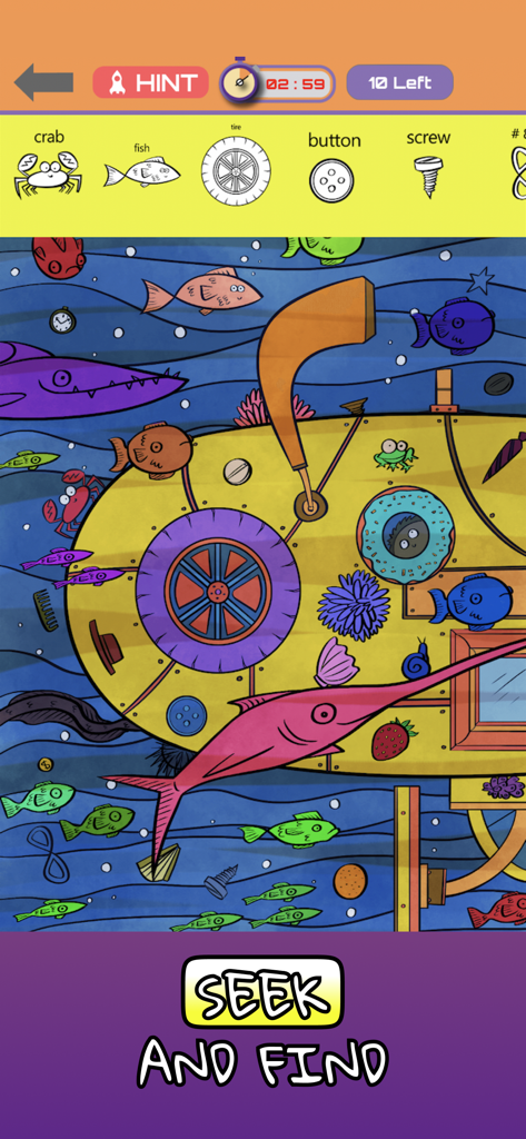 Hidden Objects! Find them all - Gameplay screenshot of an underwater level in Hidden Objects Find them all app