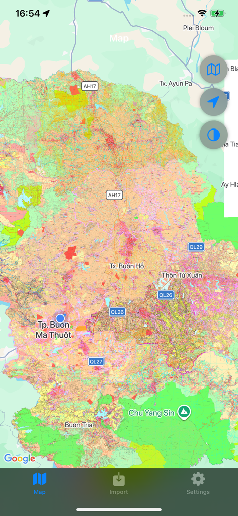 KMZ, MBTiles Viewer - Uma captura de tela do aplicativo Visualizador KMZ MBTiles mostrando um mapa com camadas de dados geoespaciais especializadas.