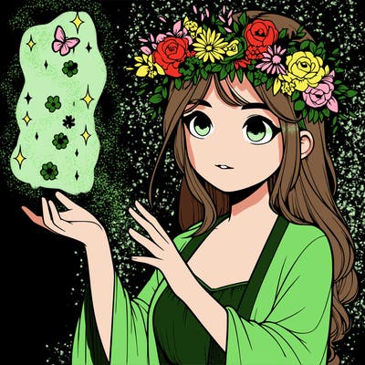 realistic girl with flower crown doing magic