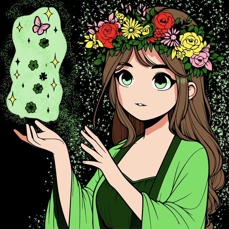 realistic girl with flower crown doing magic