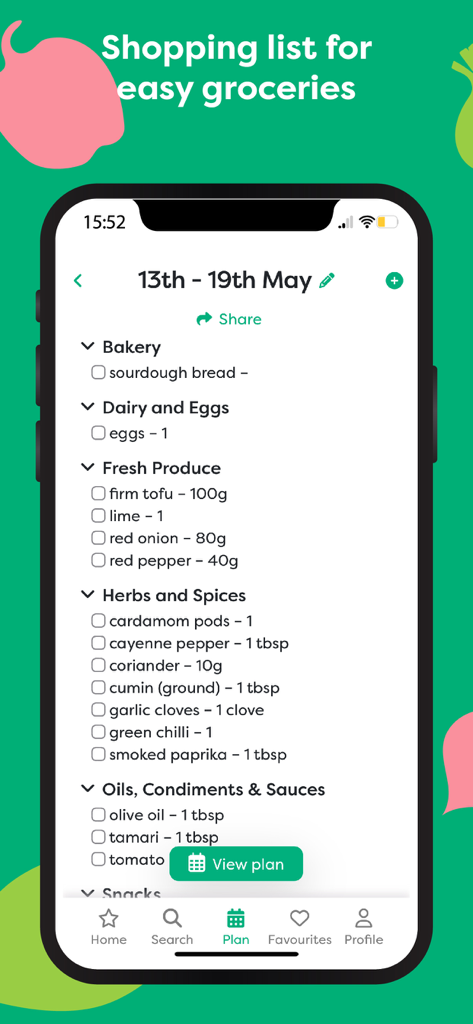 The Doctor’s Kitchen - Interfaz de aplicación móvil que muestra una lista de compras categorizada para la planificación semanal de comidas.