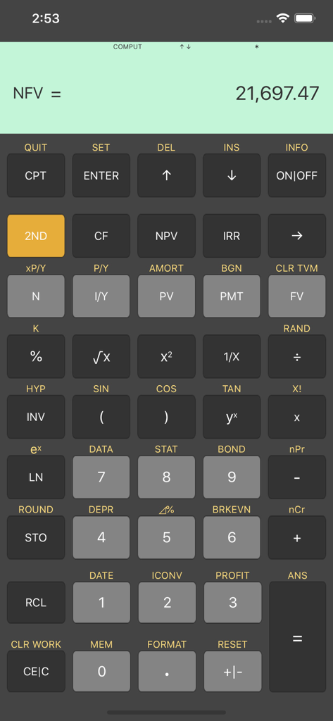 BA Plus Pro Calculator app interface showing a financial calculation result