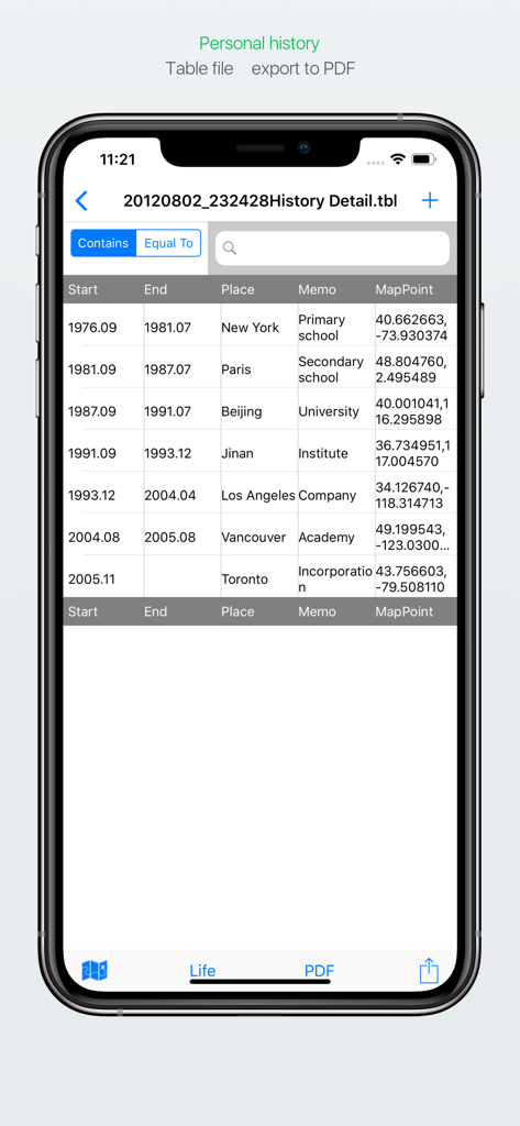 날짜, 위치 및 좌표가 포함된 자세한 개인 역사 테이블을 보여주는 가족 트리 앱의 스크린샷