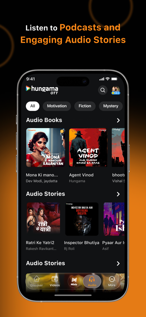 Hungama OTT: Shows & Movies - Hungama OTT mobile app screen showing a library of audiobooks and audio stories for South Asian audiences
