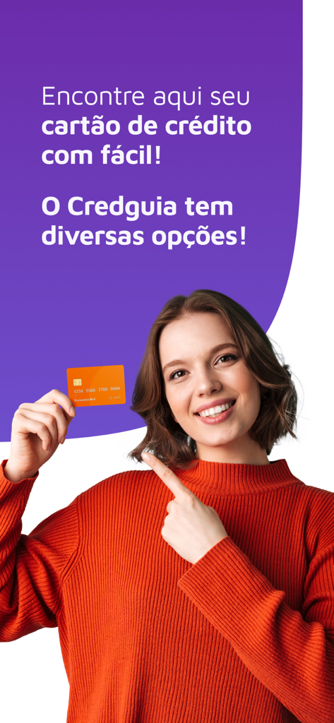 A smiling woman holding a credit card and pointing to text about easy credit card approval in the CredGuia app