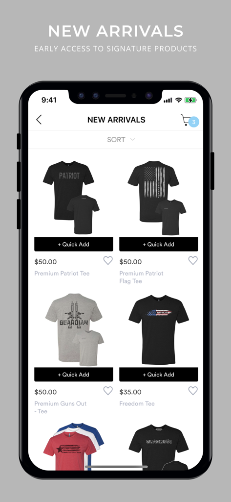 ENRFORCE - Mobile app screen showing new arrivals of patriotic themed t-shirts like the Patriot Flag Tee and Freedom Tee