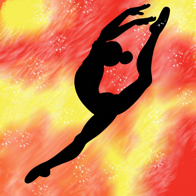 gymnast doing a leap in a leotard with a bent back leg