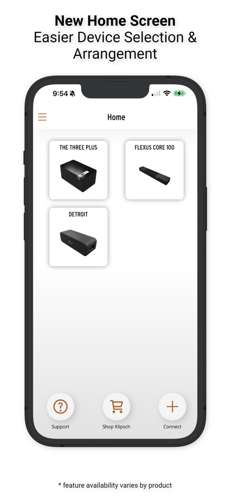 Klipsch Connect Plus app home screen showing connected devices like The Three Plus and Flexus Core 100 for easy selection.