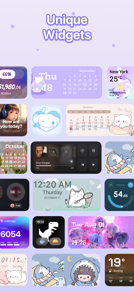 Una varietà di widget estetici e funzionali per la schermata Home dell'iPhone, inclusi calendari, meteo e lettori musicali.