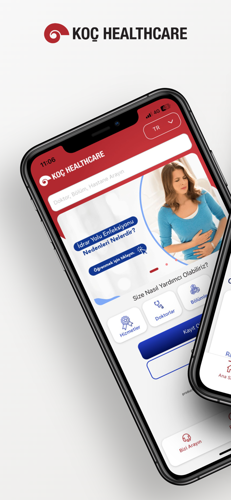 L'écran d'accueil de l'application Koc Healthcare sur un smartphone affichant les services médicaux et une barre de recherche de médecins