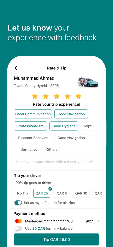 Karwa Official app interface showing the rate and tip screen for a taxi ride in Qatar