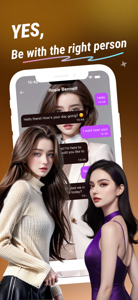 A promotional screen for the Cola app showing a chat interface with an AI character named Rosie Bennett and two stylish AI-generated women.