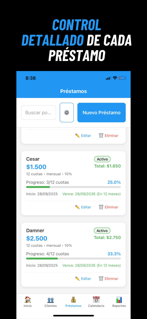 Gestor de Créditos - Pantalla de la aplicación móvil mostrando una lista de préstamos activos con barras de progreso de pago e información financiera detallada
