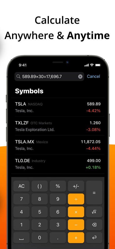 Calculator Keyboard - Calku - Calculator keyboard performing stock price calculations within a mobile finance app interface