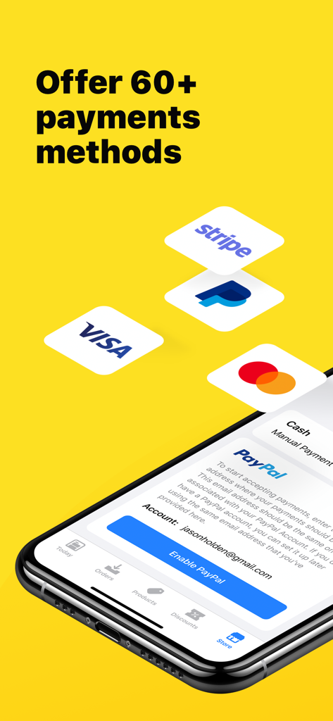 Ecwid Ecommerce - Écran de l'application Ecwid montrant la configuration PayPal et des icônes flottantes pour Stripe, Visa et Mastercard sur fond jaune.