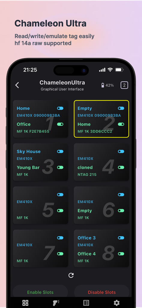 MTools BLE RFID Reader - ChameleonUltra slot manager interface in MTools BLE app for managing and emulating RFID tags