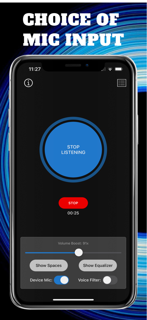 Hear Boost: Recording Ear Aid - Hear Boost app interface showing microphone input selection volume boost and recording controls