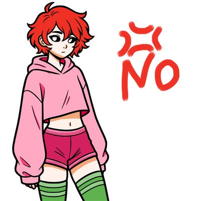 femboy with short hair wearing thigh highs and baggy crop top