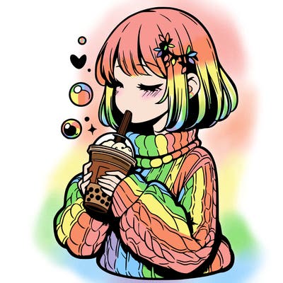 manga girl drinking boba in cozy sweater