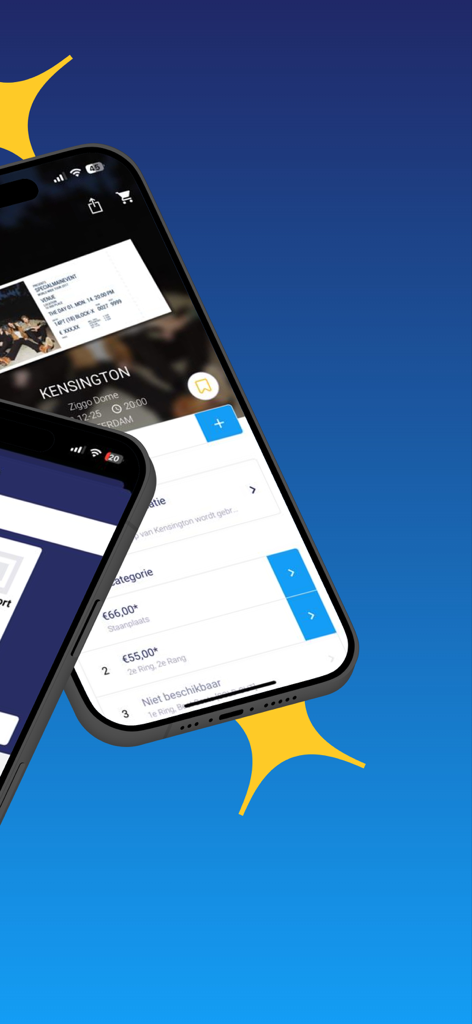 EVENTIM NL/BE - Smartphone exibindo categorias de ingressos de shows e preços para Kensington no Ziggo Dome no aplicativo EVENTIM