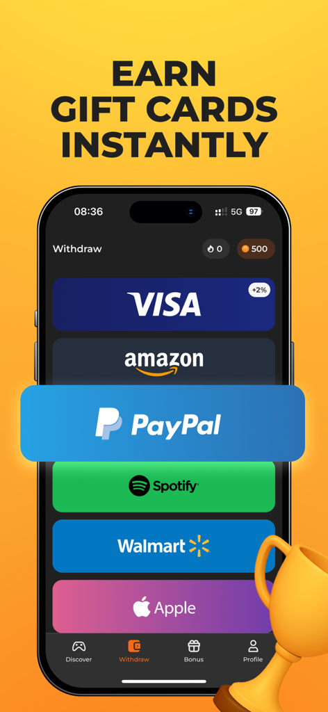 PayPal, Amazon, Visa의 인출 옵션을 보여주는 '지금 기프트 카드 받기'라는 제목의 모바일 앱 화면