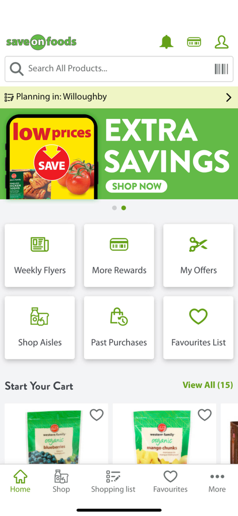 Tela inicial do aplicativo de mercearia móvel Save-On-Foods exibindo várias categorias de compras e recursos de recompensas